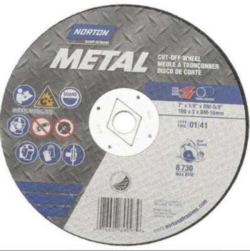 DESCRIPTION: (10) CUTOFF WHEEL BRAND/MODEL: NORTON/07660789097 INFORMATION: GRIT: 24/ALUMINUM OXIDE RETAIL$: 30.20 PER LOT SIZE: 7"WHEEL DIA QTY: 10