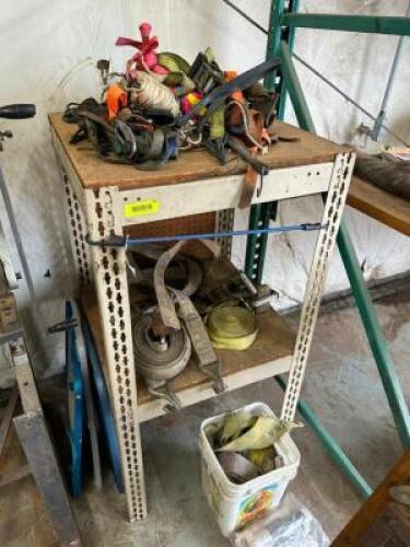 SHELF AND CONTENTS - 20 "X 20" METAL RACK W/ STRAPS AND ROPE.