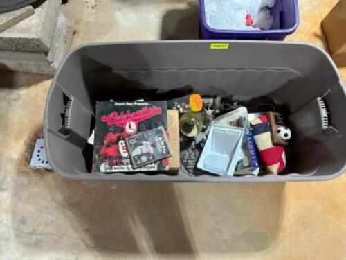 TUB OF ASSORTED RECORDS AND VINTAGE DECORATIONS