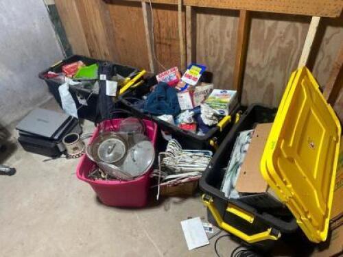 LARGE GROUP OF ASSORTED KITCHEN SUPPLIES, POT PANS, CONTAINERS, SUPPLIES, ETC.
