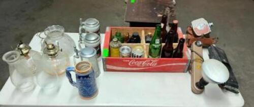 ASSORTED VINTAGE MUGS, BOTTLES, AND LANTERNS