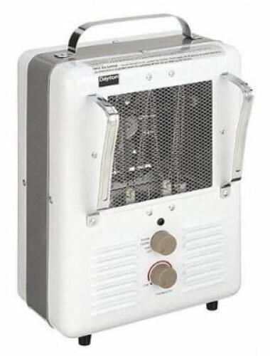 DESCRIPTION: (1) PORTABLE ELECTRIC HEATER BRAND/MODEL: DAYTON/3VU33 INFORMATION: WHITE/100 CFM/4436-5118 BTUH RETAIL$: 92.40 SIZE: 16"H X 16"L X 8"D X