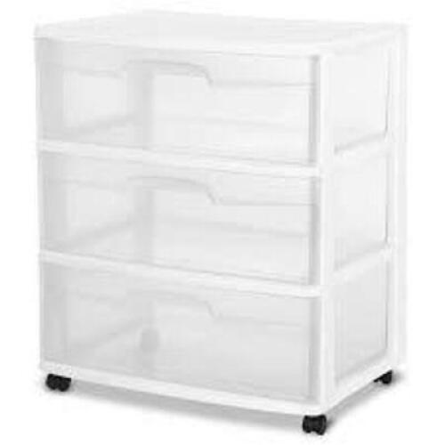 DESCRIPTION: (1) 3 DRAWER CART BRAND/MODEL: STERILITE #2930LAB8F INFORMATION: WHITE AND CLEAR SIZE: 15X21X25 RETAIL$: $25.00 EA QTY: 1