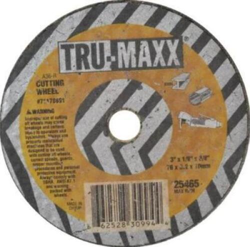 DESCRIPTION: (1) PACK OF (50) CUTOFF WHEEL BRAND/MODEL: TRU-MAXX/613170 INFORMATION: GRIT: 36/ALUMINUM OXIDE/REINFORCED RETAIL$: 15.35 PER PK OF 50 SI