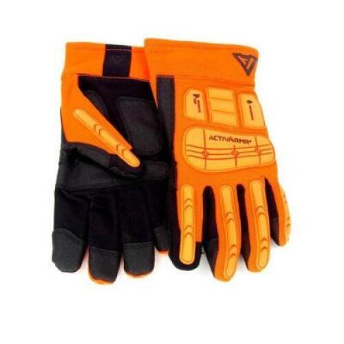 DESCRIPTION: (3) WORK RIGGER IMPACT GLOVES BRAND/MODEL: ANSELL ACTIVARMR/97-210 INFORMATION: CUT-RESISTANT/ORANGE & BLACK RETAIL$: 28.00 EACH SIZE: GL