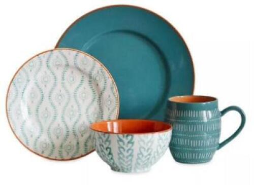 DESCRIPTION: (1) DINNERWARE SET BRAND/MODEL: BAUM BROS/200-01-2893 INFORMATION: 16-PIECES/TURQUOISE RETAIL$: 69.99 SIZE: 10"L X 10.8"W-DINNER PLATE/8"