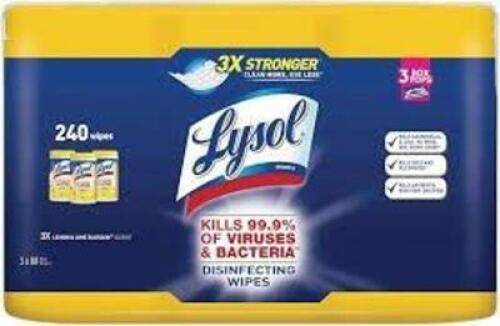 DESCRIPTION: (6) DISINFECTING WIPES BRAND/MODEL: LYSOL INFORMATION: LEMON, 240 WIPES RETAIL$: $10.00 EA QTY: 6