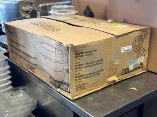 (1) CASE OF ROUND MICROWAVES CONTAINERS AND LIDS.