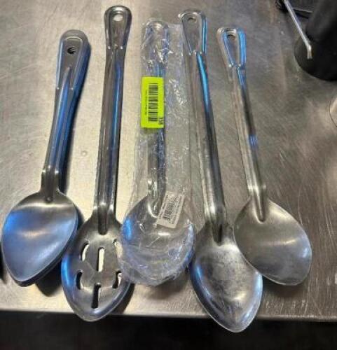 (5) ASSORTED STAINLESS SERVING SPOONS.