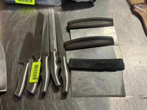 (8) ASSORTED STAINLESS SCRAPERS AND KNIVES.