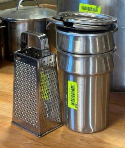 (2) STAINLESS ROUNDS AND (1) CHEESE GRATER