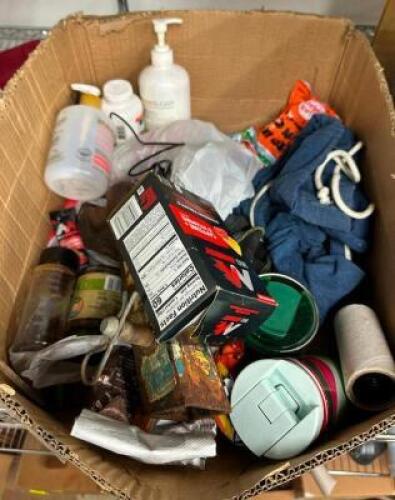 BOX OF ASSORTED CUPS, TOOLS, ETC.