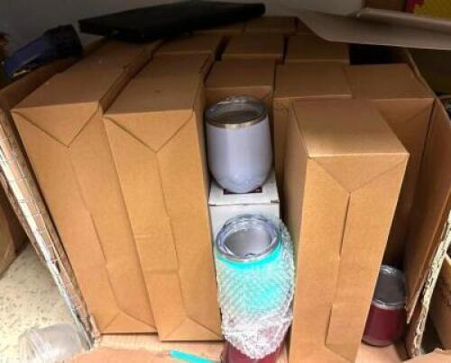 BOX OF ASSORTED WINE GLASS TUMBLERS WITH LIDS AS SHOWN