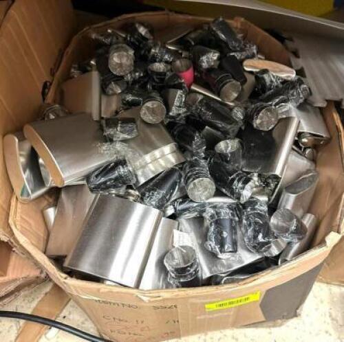 BOX OF ASSORTED FLASKS AND SHOT GLASSES