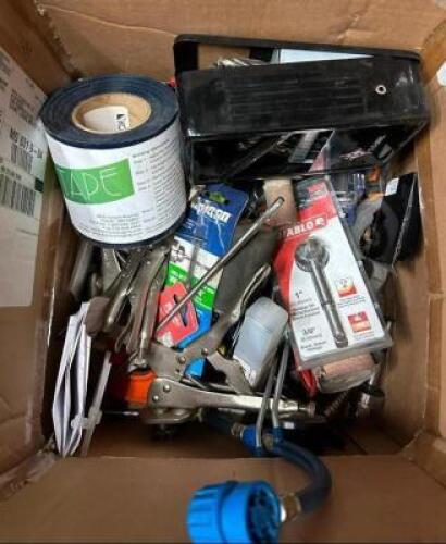 BOX OF ASSORTED TOOLS AND HARDWARE AS SHOWN