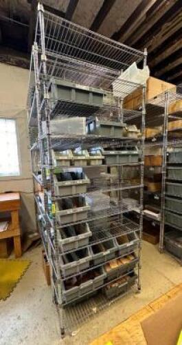 ELEVEN TIER METAL WIRE SHELF WITH CONTENTS