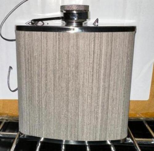 ONE BOX OF SILVER COLORED FLASKS
