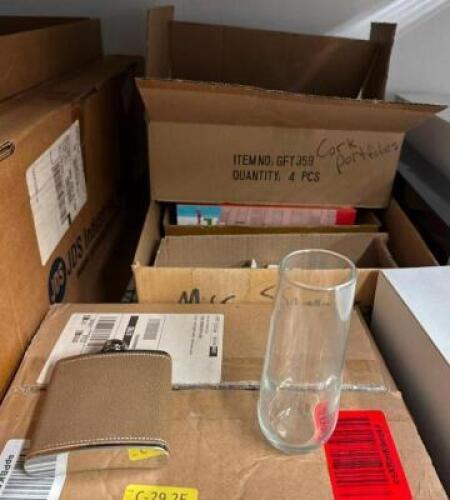 ASSORTED FLASKS AND GLASSES, ETC. AS SHOWN