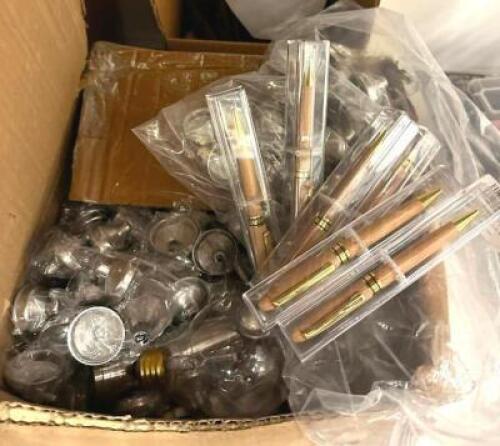 BOX OF FLASK SPOUTS AND PENS AS SHOWN