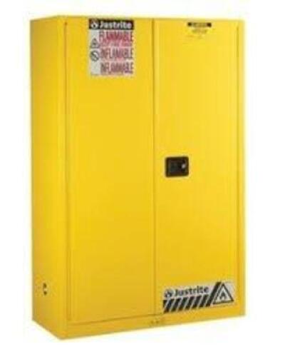 DESCRIPTION: (1) FLAMMABLE STORAGE CONTAINERBRAND/MODEL: JUSTRITE #RM09908EINFORMATION: YELLOW, STEELSIZE: 45 GAL, APPROX 43" X 18" X 65"RETAIL$: $1758.00 EAQTY: 1
