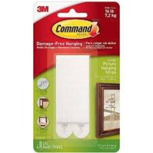 DESCRIPTION: (2) CASES OF (24) PICTURE HANGING STRIPS BRAND/MODEL: COMMAND, 3M #17206-ES INFORMATION: 4-PAIR/WHITE SIZE: .6"L X 3.88"W X 6.75"H RETAIL