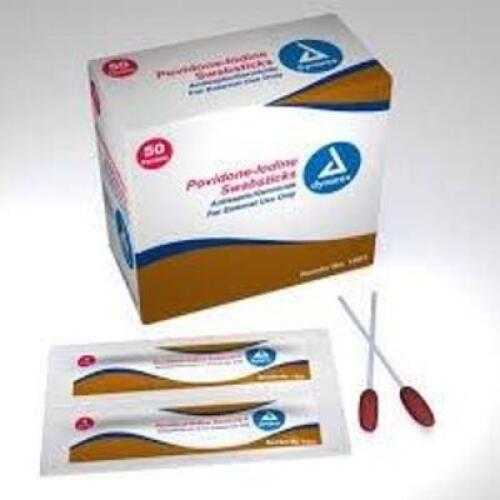 DESCRIPTION: (3) BOXES OF (50) POVIDONE-IODINE SWABSTICKS BRAND/MODEL: DYNAREX SIZE: 4" RETAIL$: $10.00 EA QTY: 3