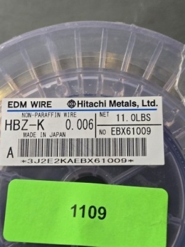 DESCRIPTION: (1) SPOOL BRASS EDM WIRE BRAND/MODEL: HITACHI HBZ-K SIZE: .006" DIA RETAIL$: $337.76 QTY: 1