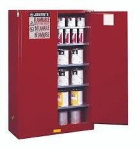 DESCRIPTION: (1) FLAMMABLES STORAGE SAFETY CABINETBRAND/MODEL: JUSTRITE #894511INFORMATION: RED, EMPTY, NO ITEMS INCLUDED WITH CABINETSIZE: 60 GAL CAPACITY,&nbsp;65" H x 43" W x 18" DRETAIL$: $1750.00 EAQTY: 1