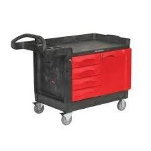 DESCRIPTION: (1) UTILITY CART WITH CABINET BRAND/MODEL: RUBBERMAID #FG453388BLA INFORMATION: BLACK WITH RED SIZE: 49 IN. L X 261/4 IN. W X 38 IN. H RE