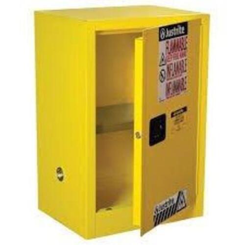 DESCRIPTION: (1) FLAMMABLE STORAGE CABINETBRAND/MODEL: JUSTRITE #29004INFORMATION: YELLOWSIZE: 12 GALLON, 8" x 17" x 22 1/4"RETAIL$: $803.00 EAQTY: 1
