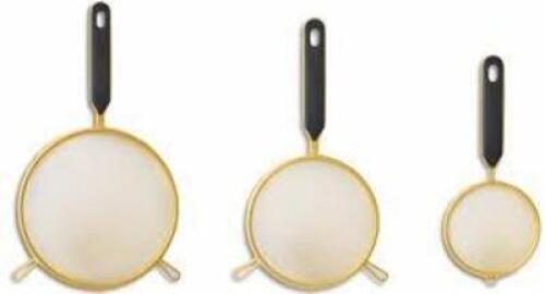 DESCRIPTION: (1) SET OF (3) MESH STRAINERS BRAND/MODEL: THYME & TABLE #TT0879R INFORMATION: GOLD RETAIL$: $9.97 EA QTY: 1