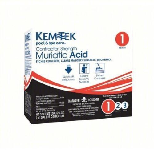 DESCRIPTION: (1) MURIATIC ACID BRAND/MODEL: KEMTEK POOL AND SPA SIZE: 1 GALLON RETAIL$: $20.00 EA QTY: 1