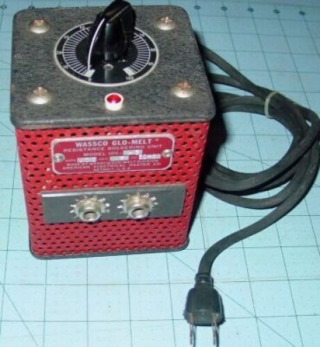DESCRIPTION: (1) RESISTANCE SOLDERING UNIT BRAND/MODEL: WASSCO GLO-MELT #105-C2 INFORMATION: 1000 WATTS, 115 V RETAIL$: $110.00 EA QTY: 1