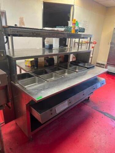 FIVE WELL STAINLESS HOT TABLE W/ RISER SHELF AND HEAT LAM.