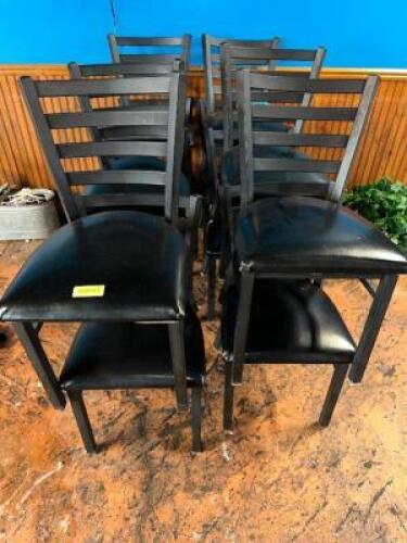 (12) LADDER BACK METAL CHAIRS W/ BLACK SEAT CUSHIONS.