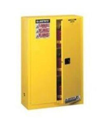 DESCRIPTION: (1) FLAMMABLE STORAGE CABINETBRAND/MODEL: JUSTRITE #25450INFORMATION: YELLOW, STEEL, 2 DOORSIZE: 45 GALLON, 18" X 43" X 65"RETAIL$: $1750.00 EAQTY: 1