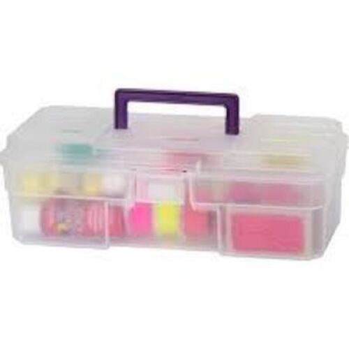 DESCRIPTION: (6) CRAFT BOX, STORAGE CONTAINER WITH LATCHBRAND/MODEL: AKRO-MILS #44XN98INFORMATION: CLEAR WITH PURPLESIZE:&nbsp;6" x 12" x 4"RETAIL$: $10.49 EAQTY: 6