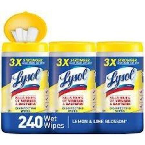 DESCRIPTION: (6) DISINFECTING WIPES BRAND/MODEL: LYSOL INFORMATION: LEMON, 240 WIPES RETAIL$: $10.00 EA QTY: 6