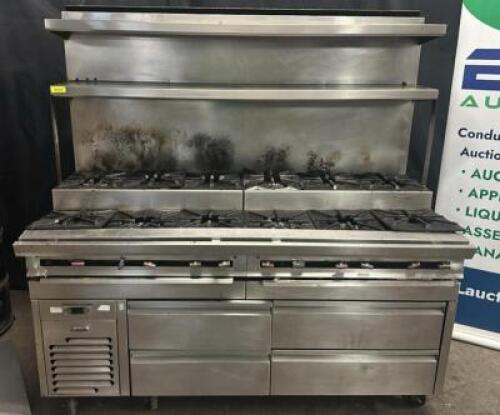 DESCRIPTION JADE RANGE TWELVE BURNER GAS RANGE W/ REFRIGERATED DRAWER BASE. BRAND / MODEL: JADE RANGE ADDITIONAL INFORMATION NATURAL GAS, 115 VOLT, 1