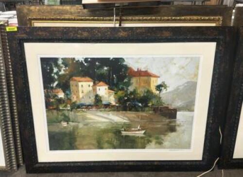 DESCRIPTION LARGE FRAMED TUSCAN SEA SIDE VILLAGE PAINTING W/ TOP LIGHT BRAND / MODEL: GOERSCH LOCATION BAY 6 QTY 1