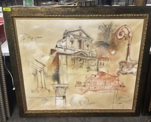 DESCRIPTION LARGE FRAMED CANVAS CHARCOAL DRAWING W/ TOP LAMP LOCATION BAY 6 QTY 1