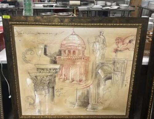 DESCRIPTION LARGE FRAMED CANVAS CHARCOAL DRAWING W/ TOP LAMP LOCATION BAY 6 QTY 1
