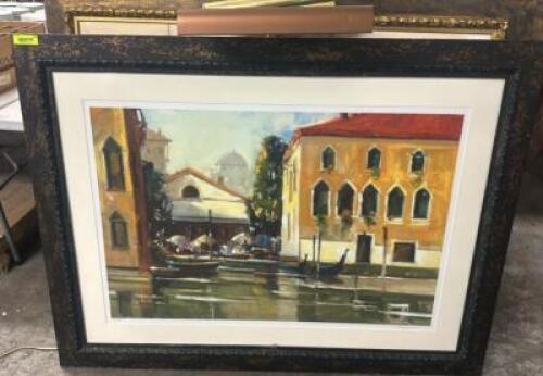 DESCRIPTION LARGE FRAMED TUSCAN SEA SIDE VILLAGE PAINTING W/ TOP LIGHT BRAND / MODEL: GOERSCH LOCATION BAY 6 QTY 1