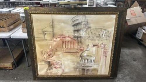 DESCRIPTION LARGE FRAMED CANVAS CHARCOAL DRAWING W/ TOP LAMP LOCATION BAY 6 QTY 1