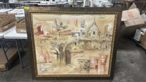 DESCRIPTION LARGE FRAMED CANVAS CHARCOAL DRAWING W/ TOP LAMP LOCATION BAY 6 QTY 1