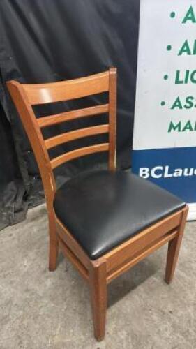 DESCRIPTION (4) LADDER BACK TAN WOOD CHAIRS BLACK PADDED SEATS BRAND / MODEL: GAR PRODUCT ADDITIONAL INFORMATION FAIR CONDITION W/ SOME WEAR AND TEAR