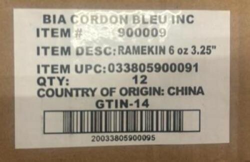 DESCRIPTION (5) CASES OF BIA CORDON BLEU 3.25" RAMEKIN ADDITIONAL INFORMATION 12 PER CASE, SOLD BY THE CASE LOCATION BAY 6 QTY 5