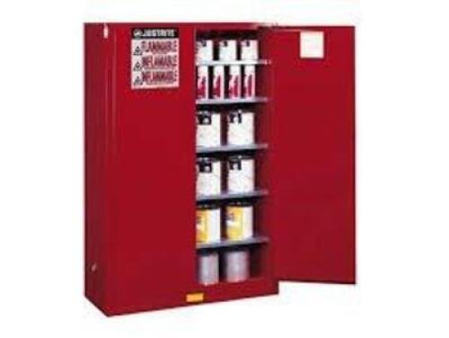 DESCRIPTION: (1) FLAMMABLES STORAGE SAFETY CABINETBRAND/MODEL: JUSTRITE #894511INFORMATION: RED, EMPTY, NO ITEMS INCLUDED WITH CABINETSIZE: 60 GAL CAPACITY,&nbsp;65" H x 43" W x 18" DRETAIL$: $1750.00 EAQTY: 1
