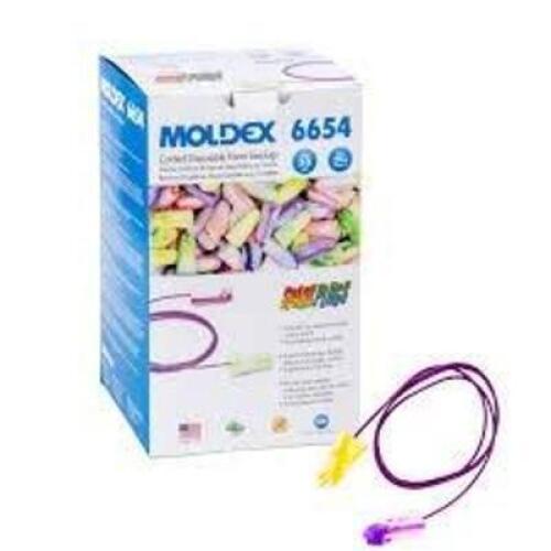 DESCRIPTION: (2) BOXES OF (100) CORDED DISPOSABLE FOAM EARPLUGS AND DISPENSER BRAND/MODEL: MOLDEX #6654 INFORMATION: MULTI COLORED RETAIL$: $53.74 EA