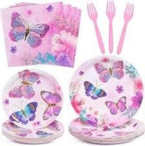 DESCRIPTION: (1) BOX OF PARTY SUPPLIES BRAND/MODEL: SPARKLE AND BASH INFORMATION: PLATES, NAPKINS, CUPS, BUTTERFLIES RETAIL$: $16.99 EA QTY: 1